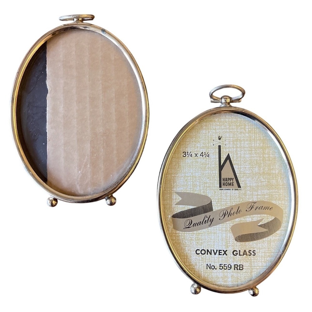 Set 2 Vtg Miniature Brass Oval Frames Convex Bubble Glass 3.5" x 4.25 Hanging